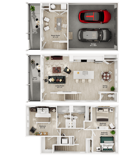 Floor plan for 3 beds, 2.5 baths, 1546 sqft